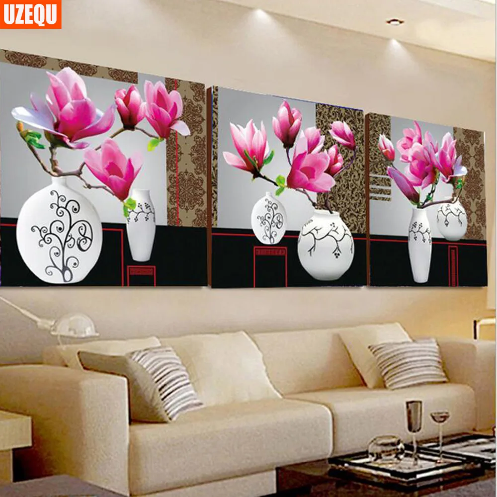 

UzeQu Triptych Full Diamond Embroidery 5D DIY Diamond Painting Cross Stitch Flower Vase 3D Mosaic Painting Rhinestones Crafts