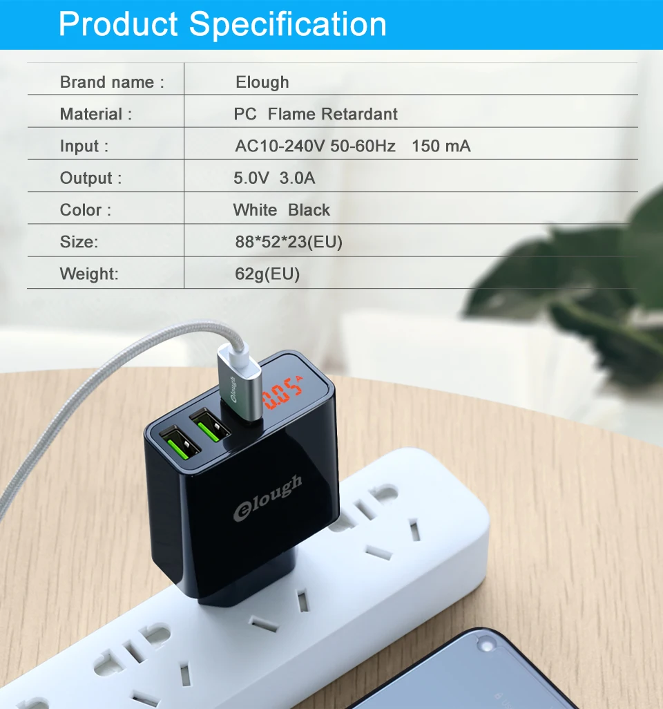 Elough 3A USB зарядное устройство для iPhone samsung xiaomi huawei светодиодный дисплей 3 порта Быстрая зарядка Путешествия стены мобильного телефона зарядное устройство адаптер