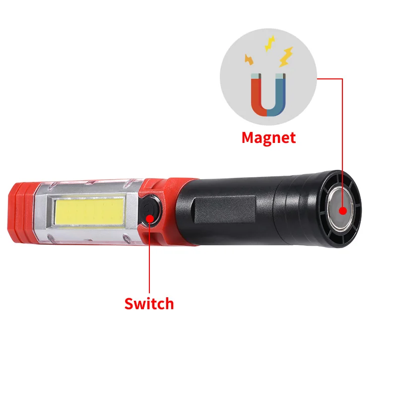 Coba светодиодный фонарь для работы cob ручной рабочий свет 3 * AA батарея с зажимом 4 режима Магнитный фонарик с красным светом предупреждающий