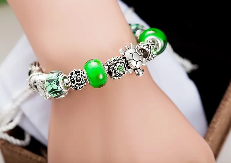 VIOVIA ювелирные изделия, античные серебряные морские черепахи, очаровательный браслет, зеленое стекло, очаровательный бисер, подходит для европейского стиля, браслеты для женщин B15103