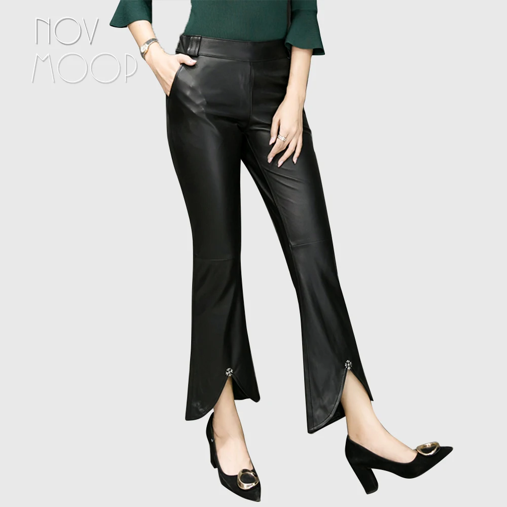 Women black genuine leather real lambskin high waist flare pants