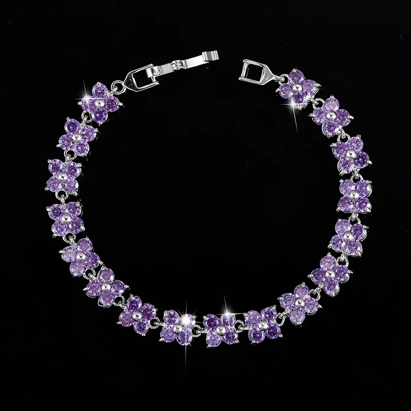 BeaQueen Женщины Четыре круглые Роза Красный CZ камень Установка кристалл цветок Мода 925 серебряный браслет для тенниса на Рождество B068 - Окраска металла: Purple