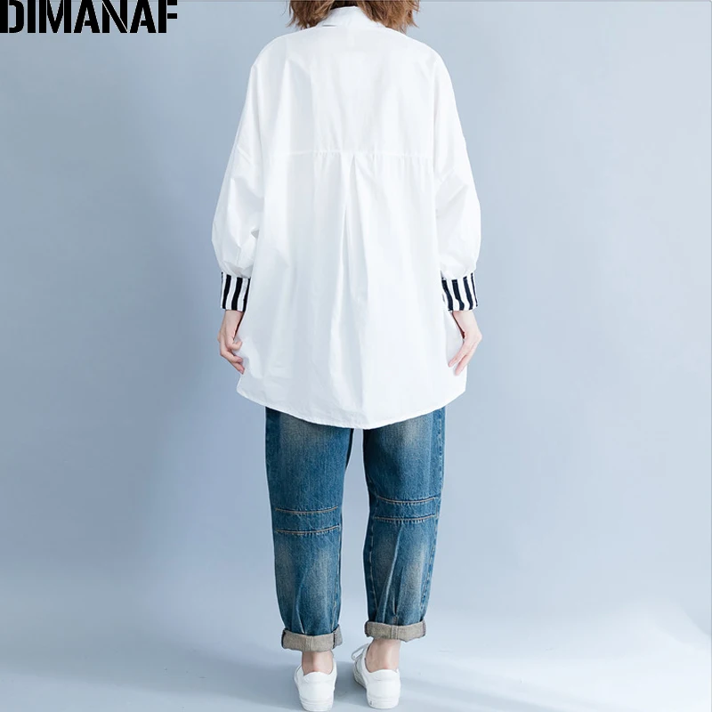  DIMANAF Women Blouse Shirt Female Basic Tops Clothes Cotton Print Striped Patchwork Casual Loose Pl