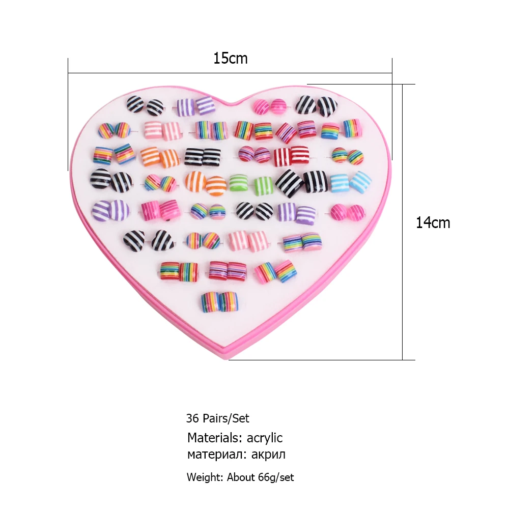 Slzbcy 36 пар/компл. милые Для женщин красочные геометрические акриловые ребенка маленькие серьги-гвоздики комплекты для детей с принтом «сердечки» для маленькой девочки ухо, серьги, ювелирное изделие, подарок