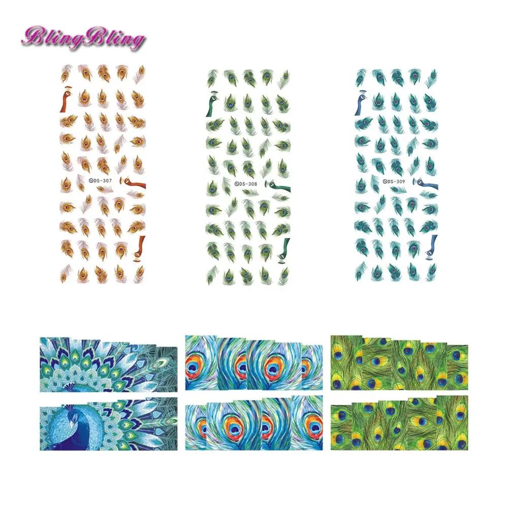 6 sheets Nail Stickers Set  Water Decals Full Wraps Manicure Fingernail Art Decal Colorful Peacock Feather Pattern