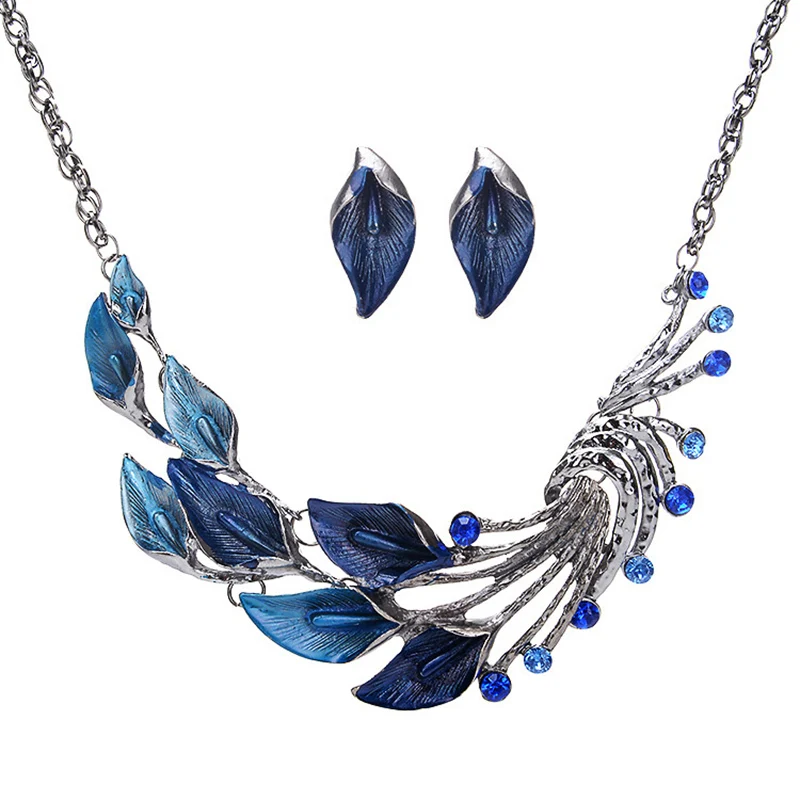 

Jewelry Set Pendant Peacock Tail Crystal Enamel Flower 1 Set Earrings Women Necklace