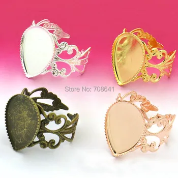 

Blank Ring Settings with Teardrop Bezel tray Resin Cabochons Bases Filigree Flower Rings DIY Findings Multi-color Plated Brass
