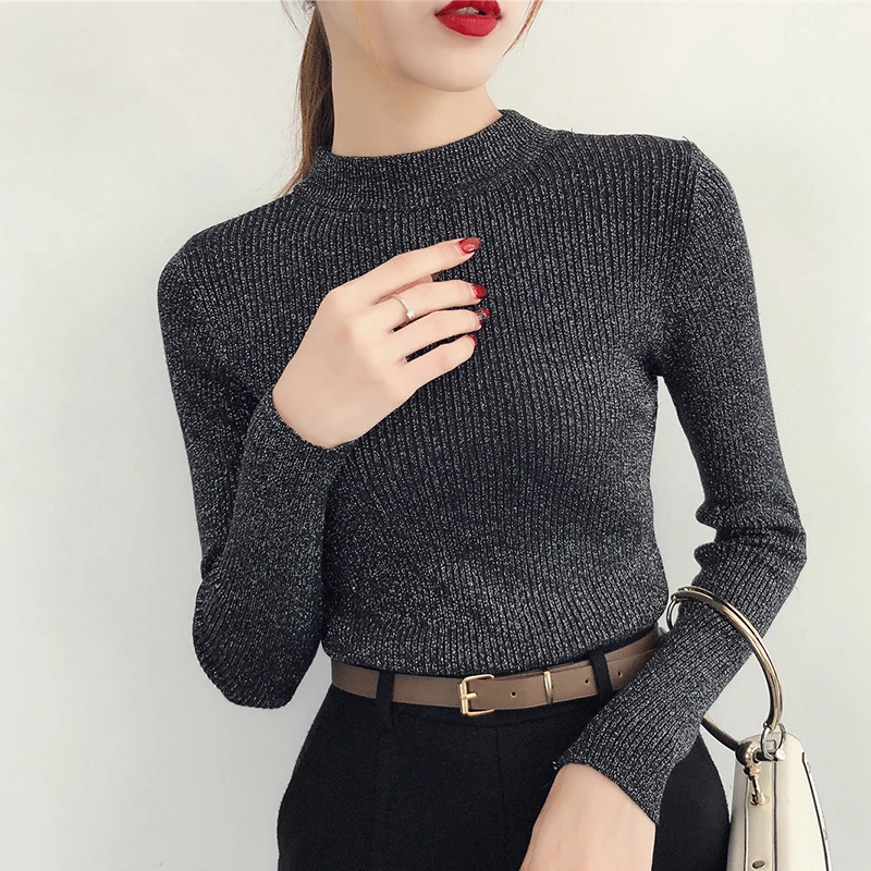 

shintimes Long Sleeve Sweater Women Shiny Autumn Winter Pullover Korean Style Knitted Turtleneck Woman Basic Sweaters 2019 Femme