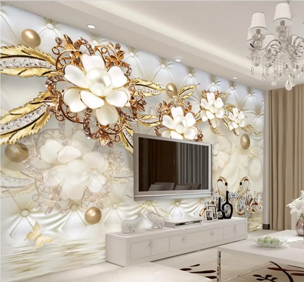 Papel tapiz personalizado grande, mural 3d de flores blancas de lujo, bolsa  suave, joyería de bola, papel de pared de TV, papel de pared 3D, decoración  del hogar - AliExpress
