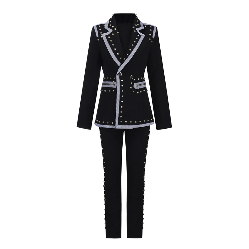 Beateen Black Blazer Pant Suits 2 Pieces Set Rivet Studded Zipper Fashion Women Formal OL Party