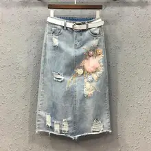 Лето Осень Повседневная Дизайнерская Женская Аппликация бусины Цветок рваные отверстие до середины икры джинсовая юбка, женские вышитые джинсы с бахромой Юбки