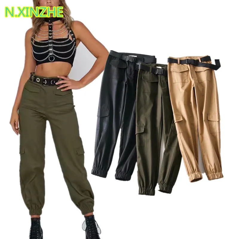 

2018 women clothing high waist pockets solid relaxed cargo pants Female fashion casual loose straight cotton capris trousers