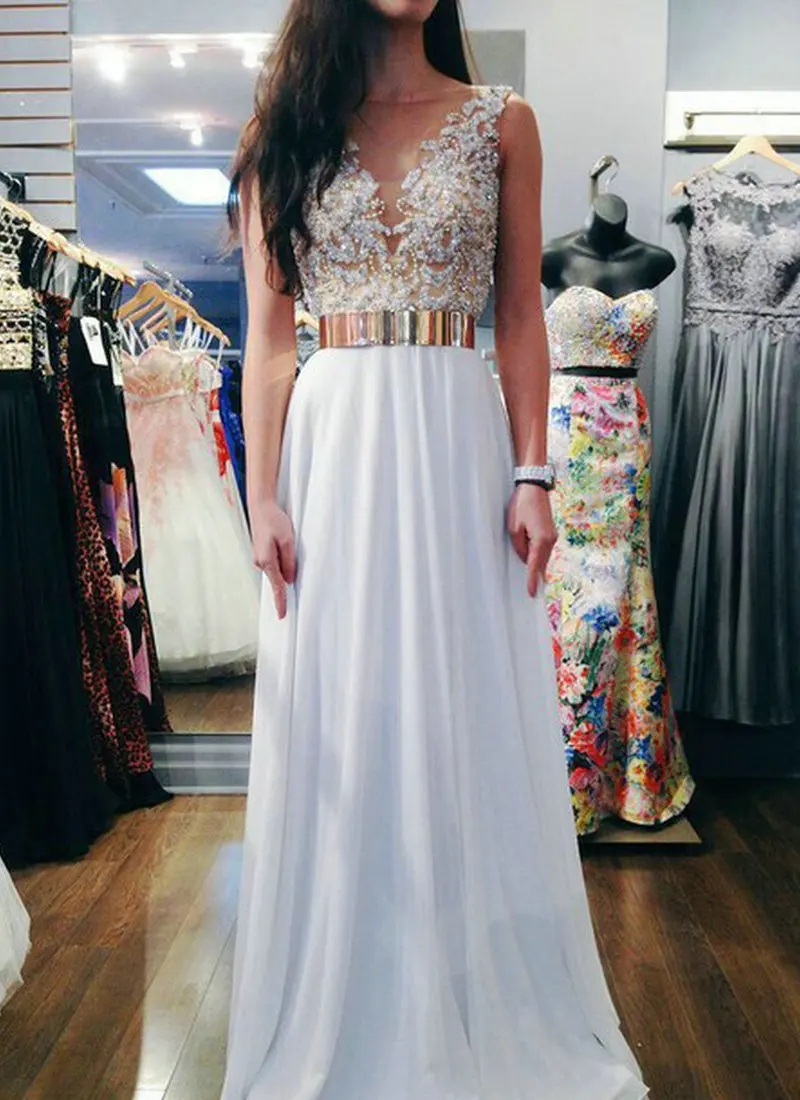 

Long Evening Dresses Backless With Gold Sash vestidos de festa White Formal Dress Chiffon Sleeveless 2015 vestiti da cerimonia