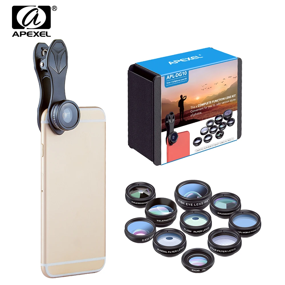 APEXEL 10in1 Phone Camera Lens Kit Fish eye Wide Angle macro 2X Telescope Lentes For iphone