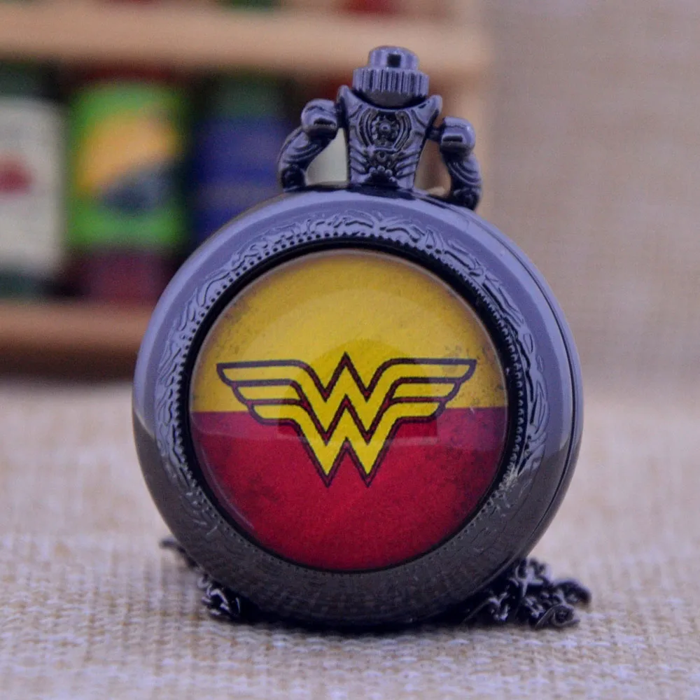 

New Arrivals Cartoon Wonder Woman Bronze/Silver/Black Quartz Pocket Watch Pendant Necklace Mens Womens Pocket & Fob Watches Gift