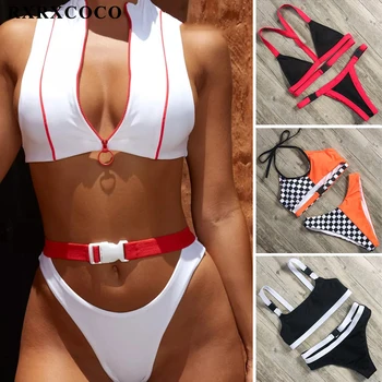 

RXRXCOCO New Sexy Button Design Bikinis 2019 Mujer Bathing Suit Women Swimwear Bikini Set Bandage Patchwork Swimsuit Beachwear