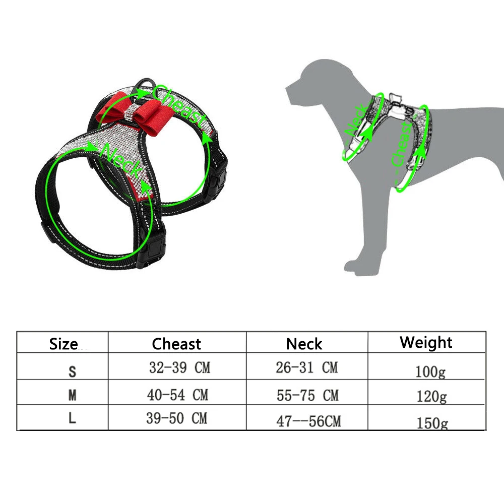 Светоотражающий Поводок для собак нейлон питбуль Мопс Маленький Средний сбруя для собак жилет бантик со сверкающими стразами аксессуары для животных принадлежности для собак