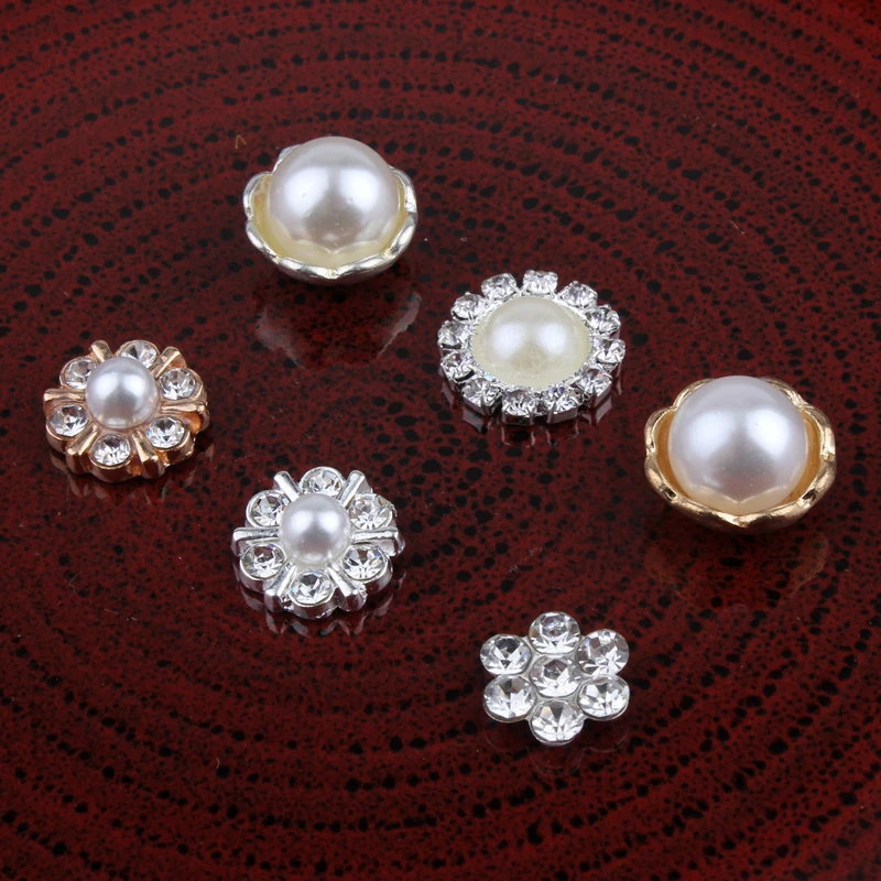 

120pcs/lot Vintage Handmade Mini Round Metal Rhinestone Button Alloy Crystal Flatback Flower Pearl Buttons for Hair accessories