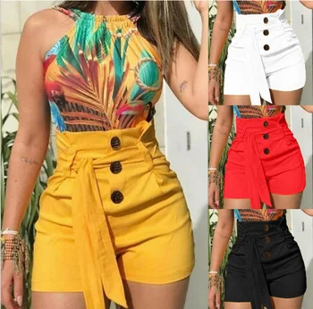 

Women Shorts New Fashion Casual Solid Color Ladies Streetwear Shorts Summer High Waist Slim Fit Button Belted Shorts