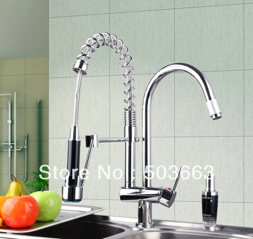 New Double Handles Free Chrome Brass Water Kitchen Faucet Swivel Spout Pull Out Vessel Sink Single