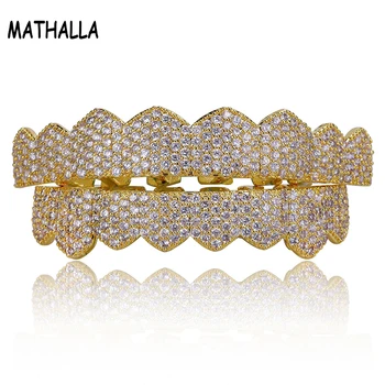 

White AAA CZ Micro Pave Top Bottom Custom Rhodium Teeth Grillz Set