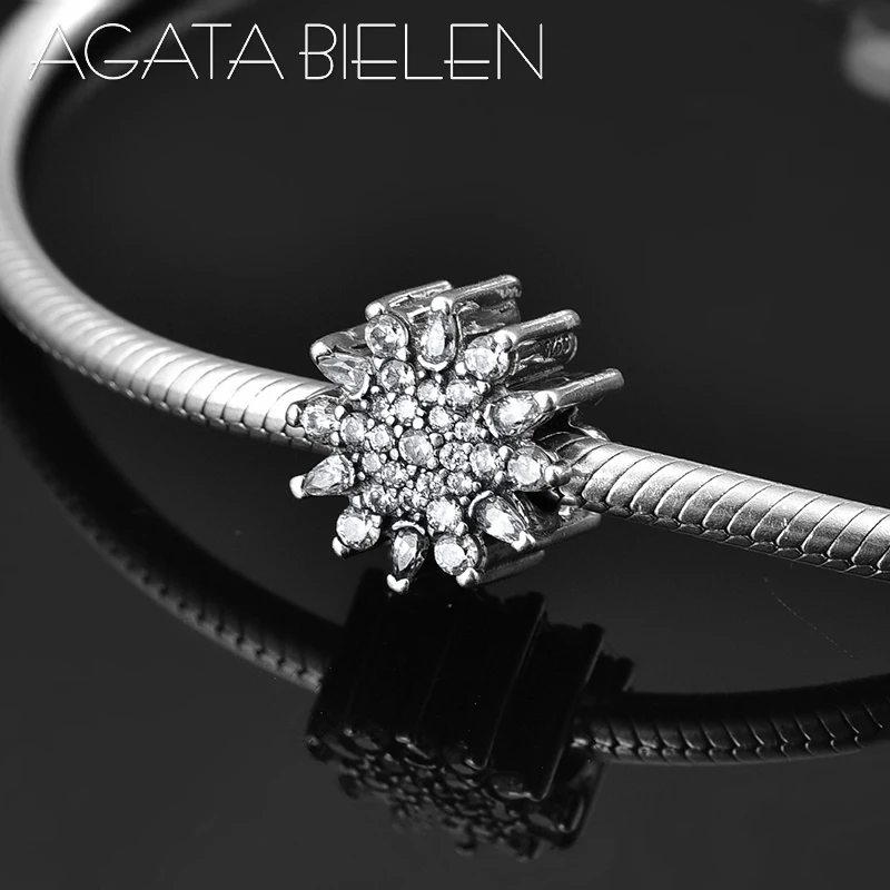 

New Snowflake shape 925 Sterling Silver like crystal clear CZ fine Charm Beads Fit Original Pandora Bracelet DIY Jewelry making