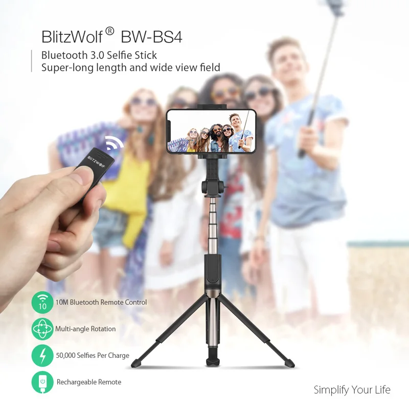  BlitzWolf 3 in 1 Selfie Stick Portable Phone Tripod Extendable Monopod + bluetooth Remote for iPhon