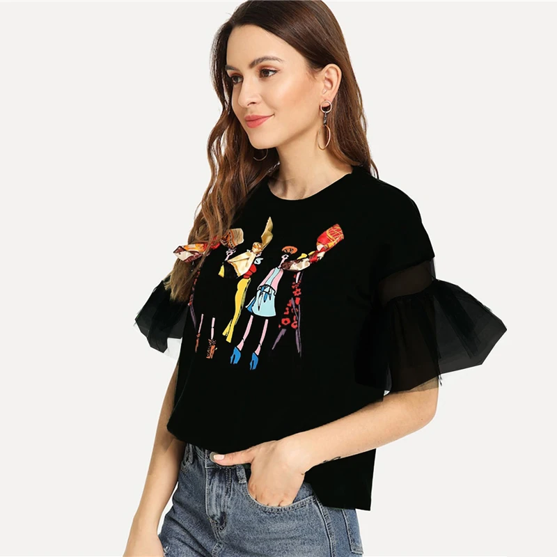 Dotfashion Черная Кружевная футболка с бантом и мультяшным принтом, Женская Осенняя коллекция, модная одежда, повседневные топы с рукавами-воланами, летняя футболка в консервативном стиле