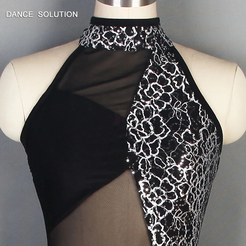Черное платье с пайетками и сеткой на шее для девочек и женщин, танцевальный костюм для балета, лирический танцевальный костюм, современное танцевальное платье 19611