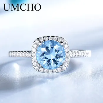 

umcho 여성을위한 솔리드 925 스털링 실버 반지 스카이 블루 토파즈 실버 반지 여성 웨딩 밴드 보석 웨딩 파티 쥬얼리
