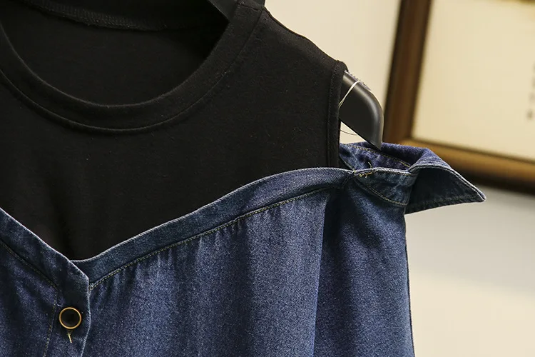 Cold Shoulder Denim Dress Long Sleeve Autumn High Street Women Loose Jeans Dress Plus Size 3XL 4XL Blue Vestidos SWM1087