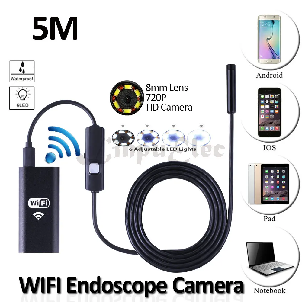8mm Lens Iphone WIFI Android USB Endoscope Camera HD720P 5M Flexible