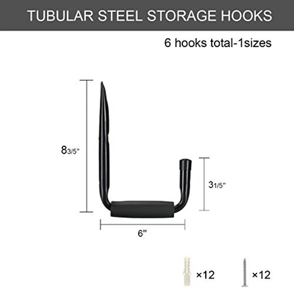 Wall Mount Garage Hanger /& Organizer for Ladder Shovel Tool Shed Chair Garden Hose Heavy Duty Garage Storage Utility Hooks 20 cm 6 Pack - Black