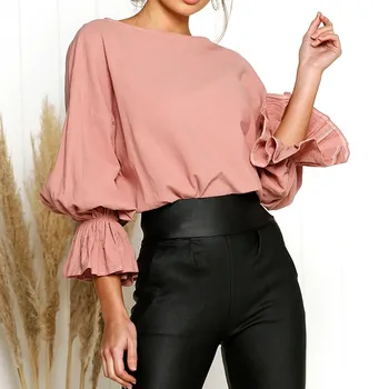 

2018 Blouse Women Casual O Neck Three Quarter Shirt Flare Sleeve Blouse Tops Chiffon Lovely Pink Blouses blusas mujer drop ship