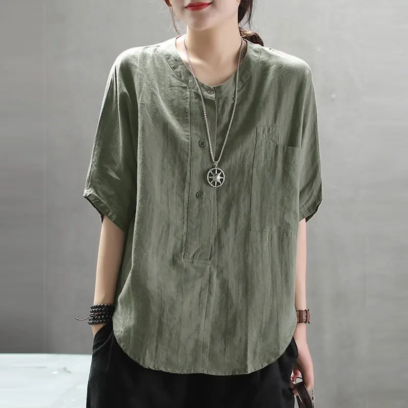 

F&je Summer Women Shirts Plus Size Loose O-neck Casual Ladies Tops Batwing Sleeve Cotton Linen Lady Vintga Blouse Shirts D5