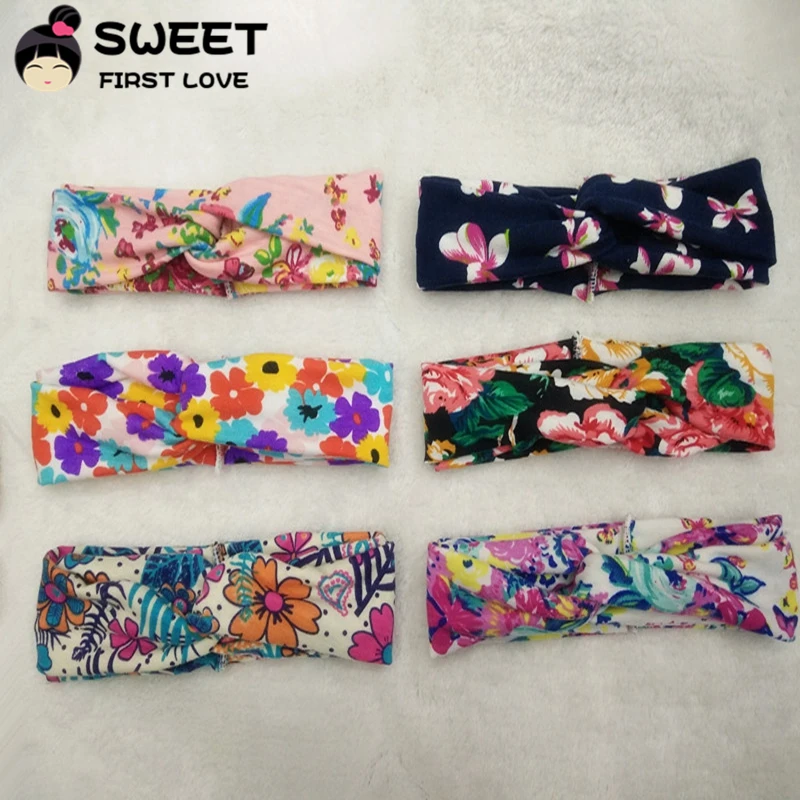 

1 PCS 6 Colors Soft Floral Print Girl Kids Cross Hairband Turban Knitted Knot Headband Headwear Hair Accessories