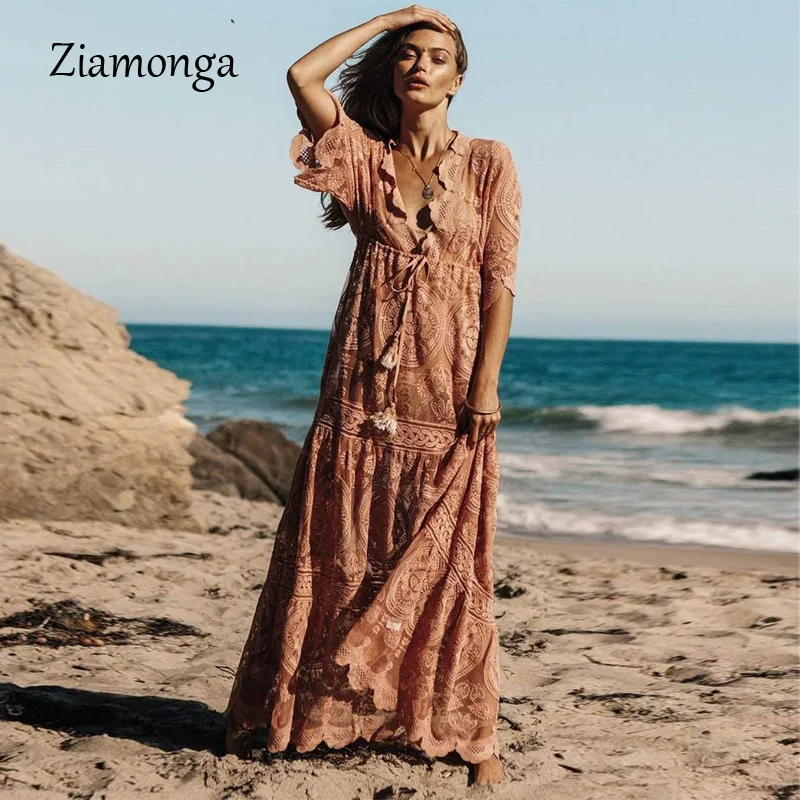 

Ziamonga Embroidery Lace Dress V-Neck Split-Joint Cover Up Maxi Dresses 2019 Summer Beach Holiday Sundress Boho Chic Women Dress