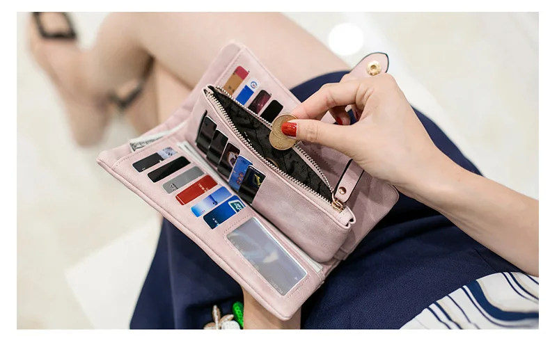 MJ Women Leather Wallets Matte PU Leather Long Wallet Lady's Brand Design Bi-Fold Clutch Purse Coin Pocket Multiple Card Holder (12)