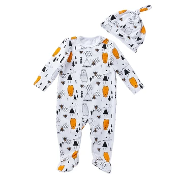 

2pcs Cartoon Bear Boys Romper Hat Suit Infant Jumpsuit Baby Girl Long Sleeve Cotton Pajamas Newborn Romper Beanies Clothing Set