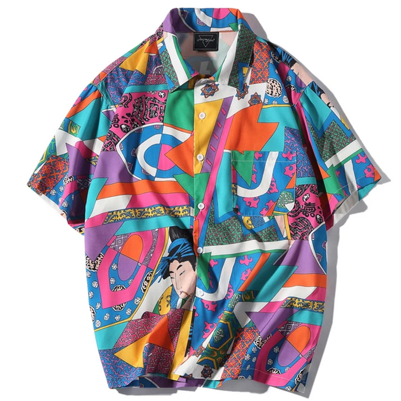 

Short Sleeve Shirt Men Hip Hop Japanese Streetwear Silk Ukiyoe Casual Shirt Man Summer Fashion Hawaiian Shirts Shirts Type Flora
