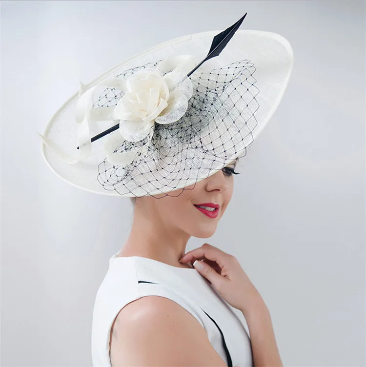 

2016 Elegant Ivory/Red/Black Lady Hats with Rose Flower and Feather Decoration Bride Hats for Church/Wedding Party Hats/Outdoor