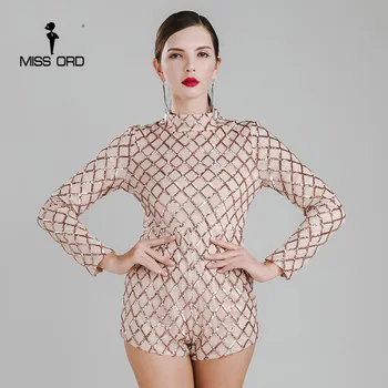 

Missord 2020 Sexy high-necked long Sleeve grid sequin Reflective playsuit FT3991