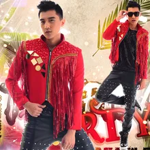 Настоящие мужские красные кисточки вышивка бисером шитье события/сценическое представление короткий смокинг куртка/сценическое представление/Азиатский размер/только куртка