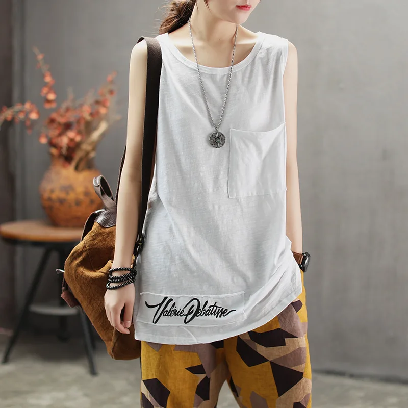 

Summer T-shirt Women Fashion Loose Casual Pullovers vest Tops New O-Neck Sleeveless pocket Letter Ladies Vintage T-shirt 2019