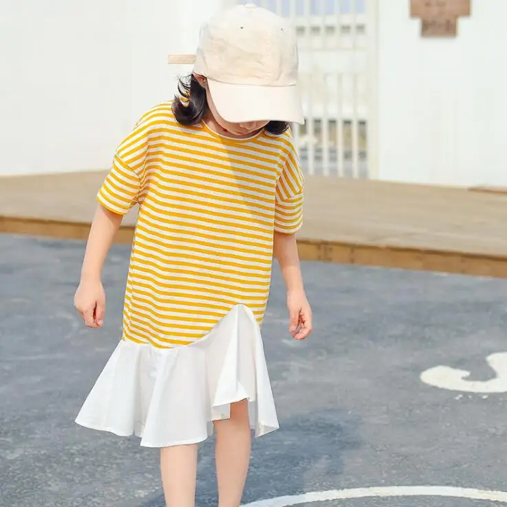 

2019 wholesale girls striped patchwork dress ruffles summer fashion cotton girls dresses 2-7 years HQ685