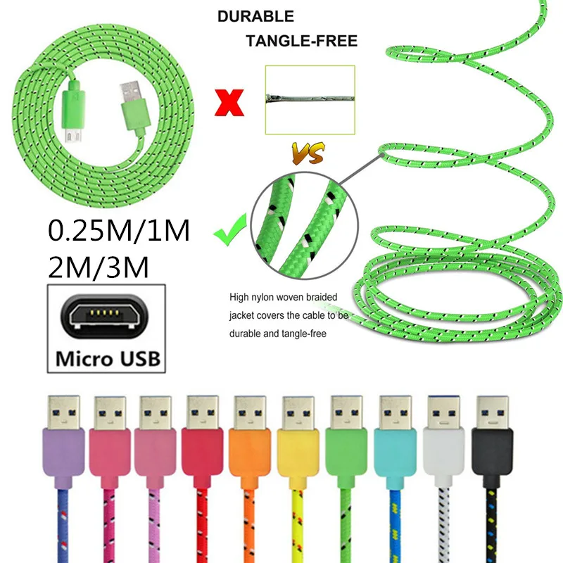 Нейлоновый Плетеный Micro USB кабель для быстрой зарядки Samsung Nokia 3 2 4 1 5 Xiaomi Redmi 6a 5a Note 6