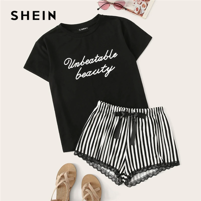 SHEIN, черный топ с буквенным принтом и полосатые шорты с кружевной отделкой, пижамный комплект, летняя Пижама, женская повседневная одежда для сна, пижамные комплекты