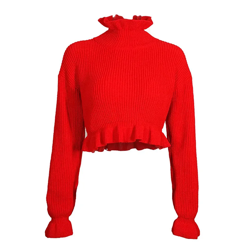 Ubei Hot style autumn clothing knitted ruffles base ruffles turtleneck sweater women short pullover crop top fashion  