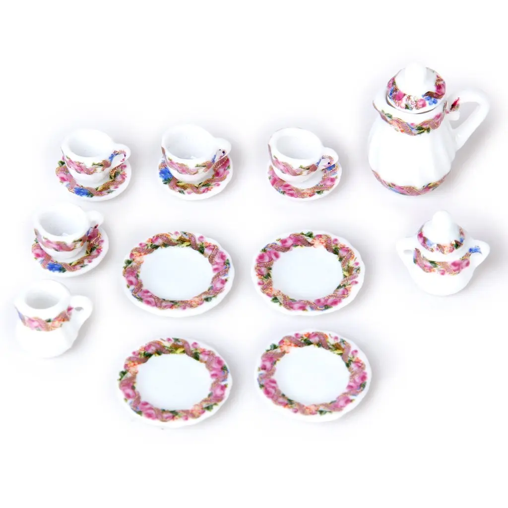 15 шт. кукольный дом Миниатюрный фарфоровый чайный сервиз блюдо + чашка + тарелка-цветной принт с цветочным рисунком