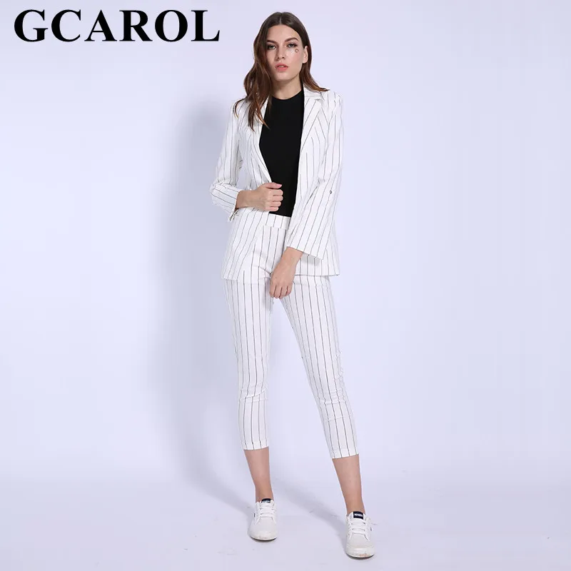 

GCAROL Euro Style Black Striped Women's sets Blazer Ankle Length Pants Two Pieces Outfits Casual Tops Elastic Waist Pants